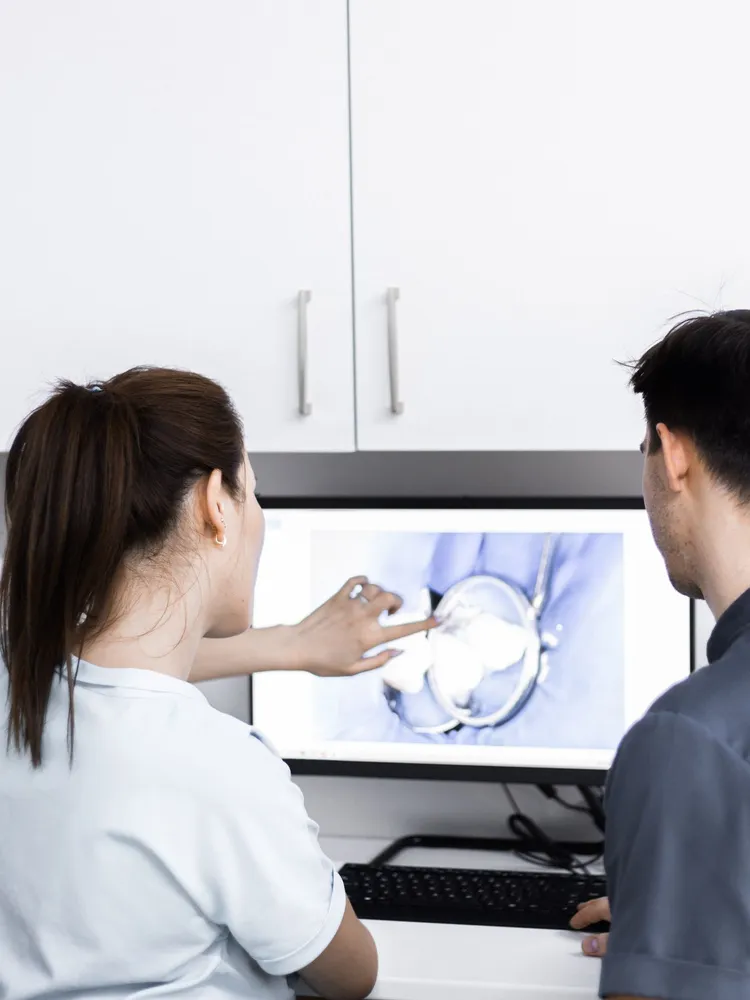 Médica dentista a explicar o diagnóstico no ecrã a um paciente